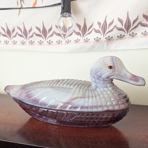 VTG L.G. Wright Purple Slag Glass Duck on Nest Covered Dish - Amethyst